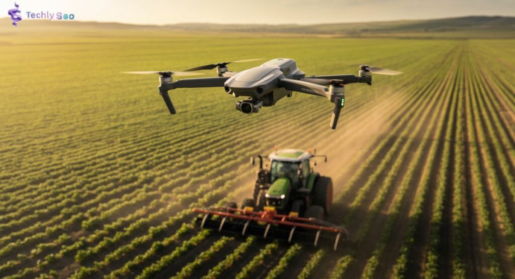 Drones scanning farmlands or smart tractors as AI in agriculture in the picture