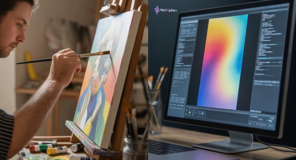 Showing a Split image: human artist vs AI generated Generative AI and How It Works