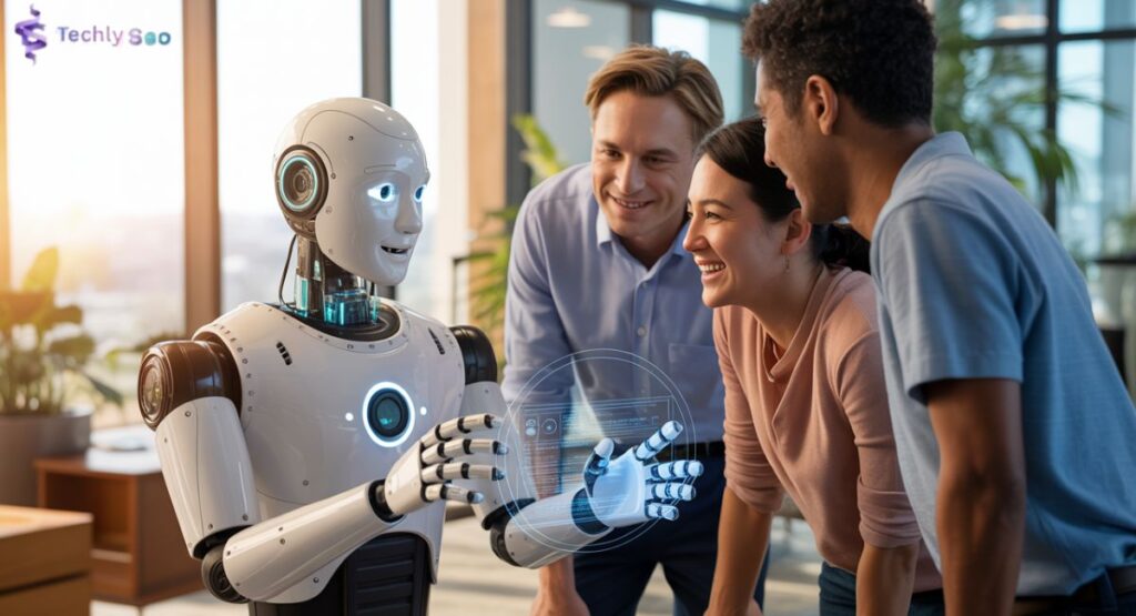 showing in the picture a Friendly robot or AI assistant interacting with humans.