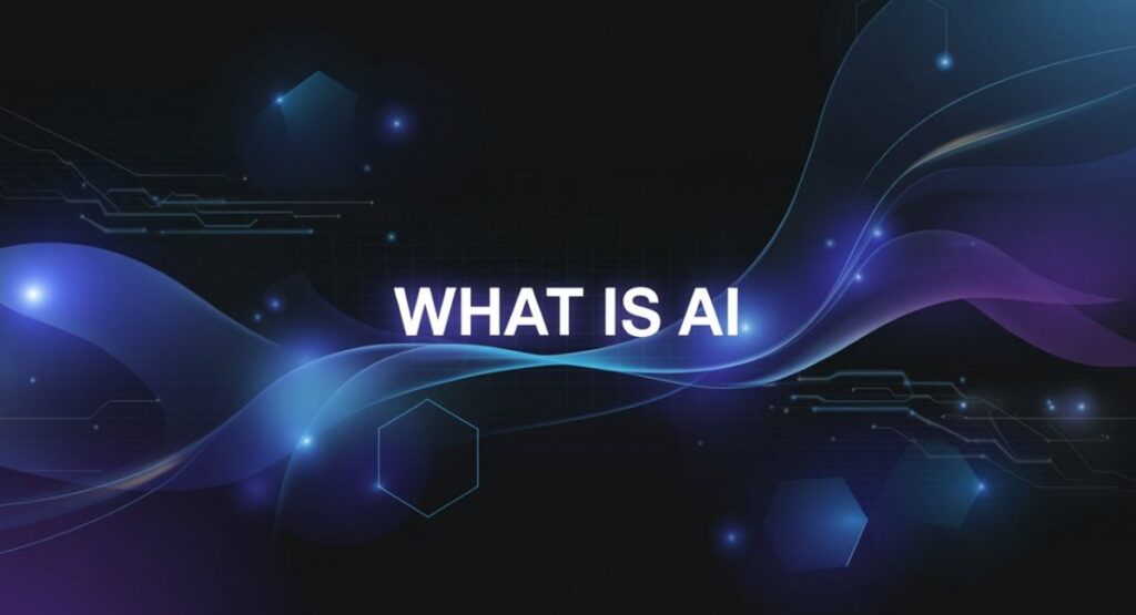 A digital back ground where written "What is AI" beautifuly