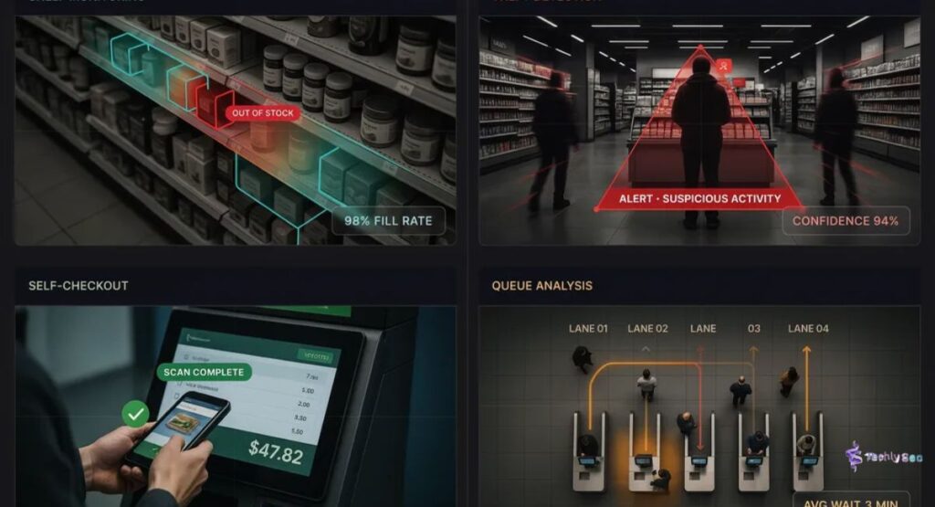 top-retail-ai-vision-automation-use-cases Retail AI vision automation use cases including shelf monitoring, loss prevention, cashierless checkout, and customer flow analysis