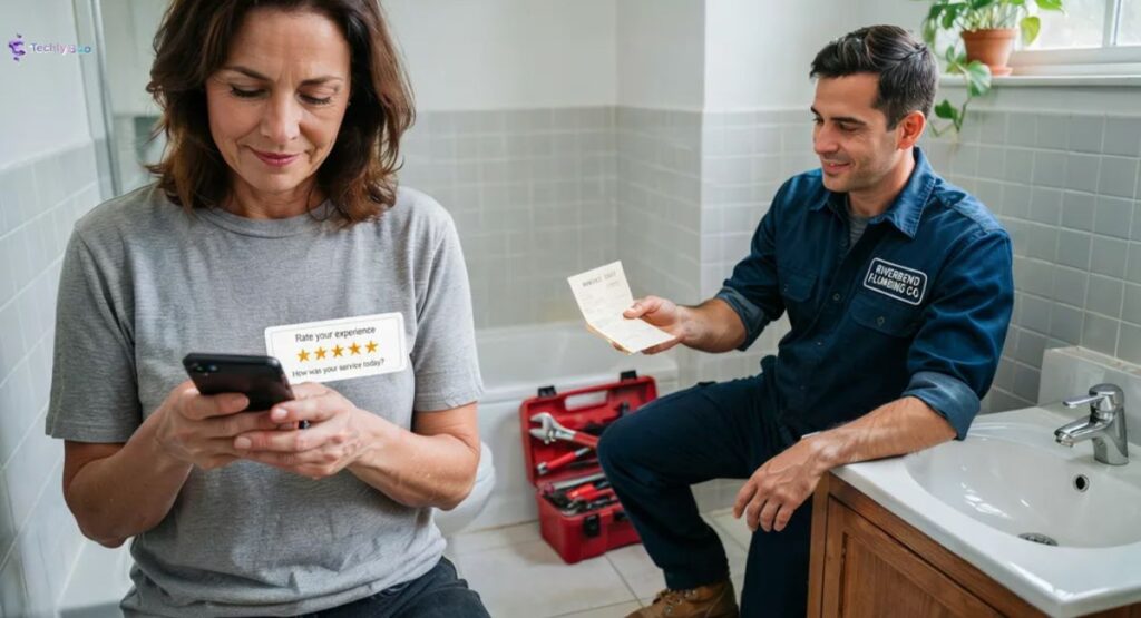 Customer leaving a five-star Google review after plumbing service