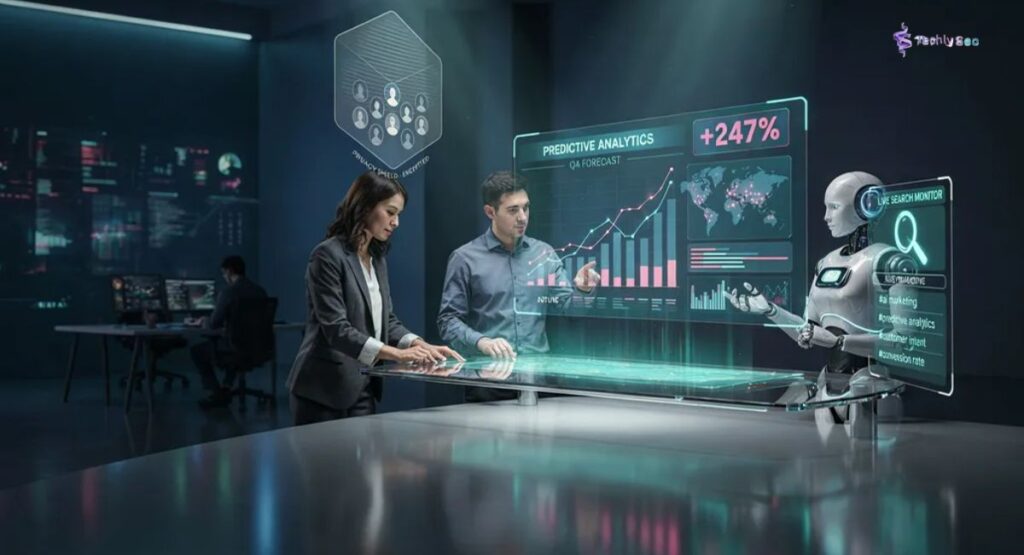 Future of Search Engine Marketing Intelligence featuring AI-powered analytics, predictive marketing, automation, privacy-focused data, and real-time search insights.