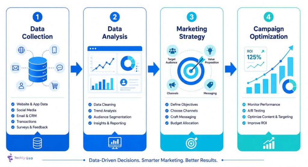 Workflow showing how Search Engine Marketing Intelligence collects data, analyzes trends, builds strategies, and optimizes campaigns.