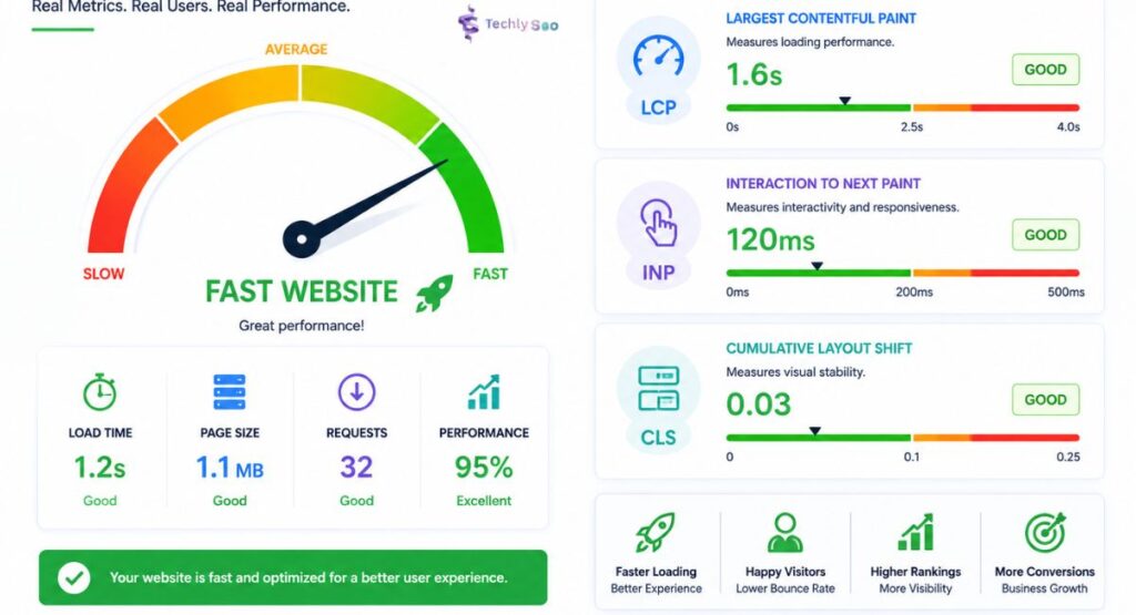 website-speed-and-core-web-vitals Website speed and Core Web Vitals illustration showing loading performance, responsiveness, and visual stability.