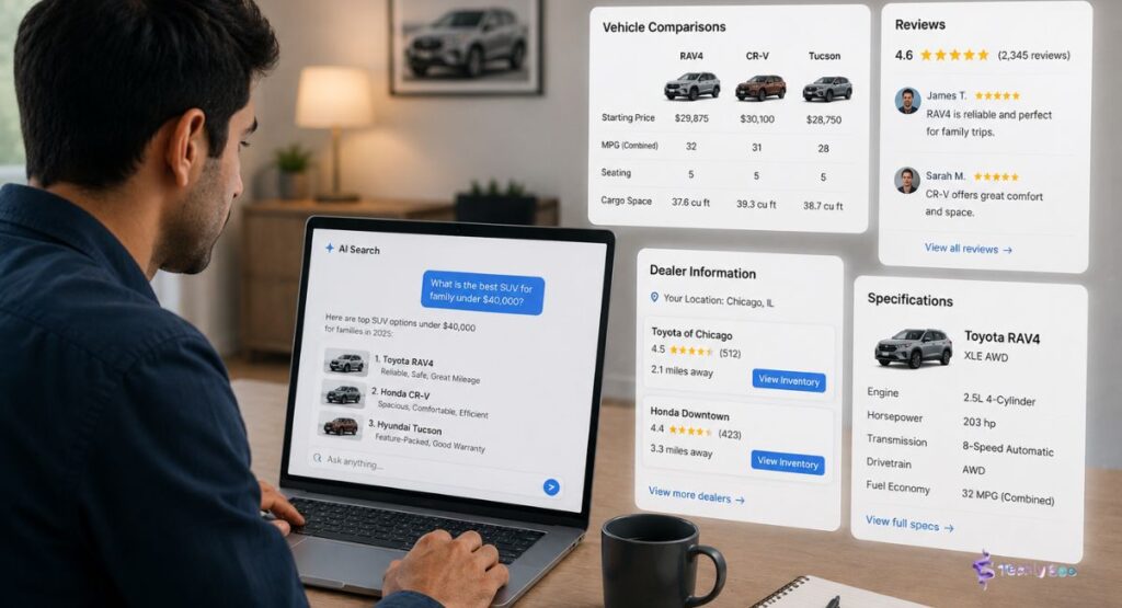 AI search for automotive SEO helping car buyers compare vehicles and discover local dealerships