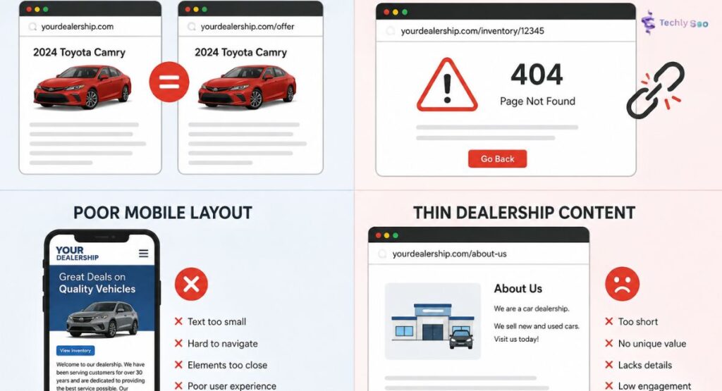 Common automotive SEO mistakes including duplicate content, broken vehicle pages and poor mobile optimization
