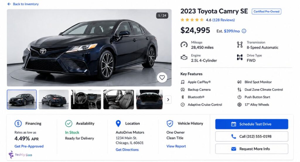 Optimized vehicle detail page for automotive SEO with price, mileage, features and financing information